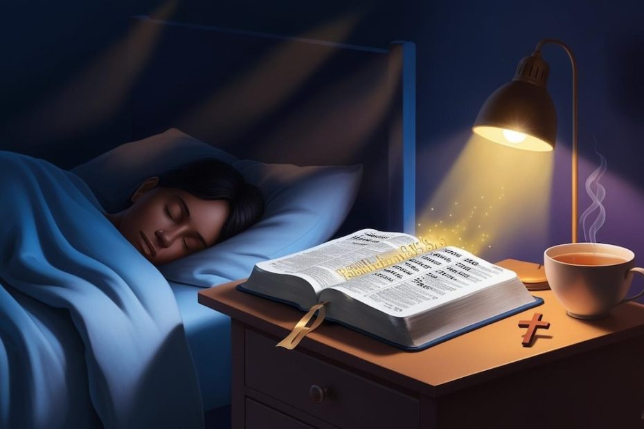 Bible verses for sleep paralysis illuminating a dark bedroom, providing comfort and spiritual protection while a person sleeps peacefully
