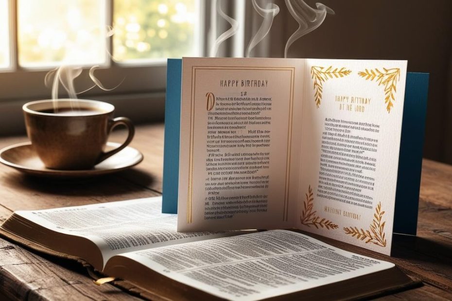 A beautifully designed birthday card lying open on a wooden table with a Bible nearby