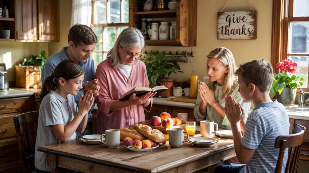Family gathered at breakfast table reading Bible and giving thanks in morning light.