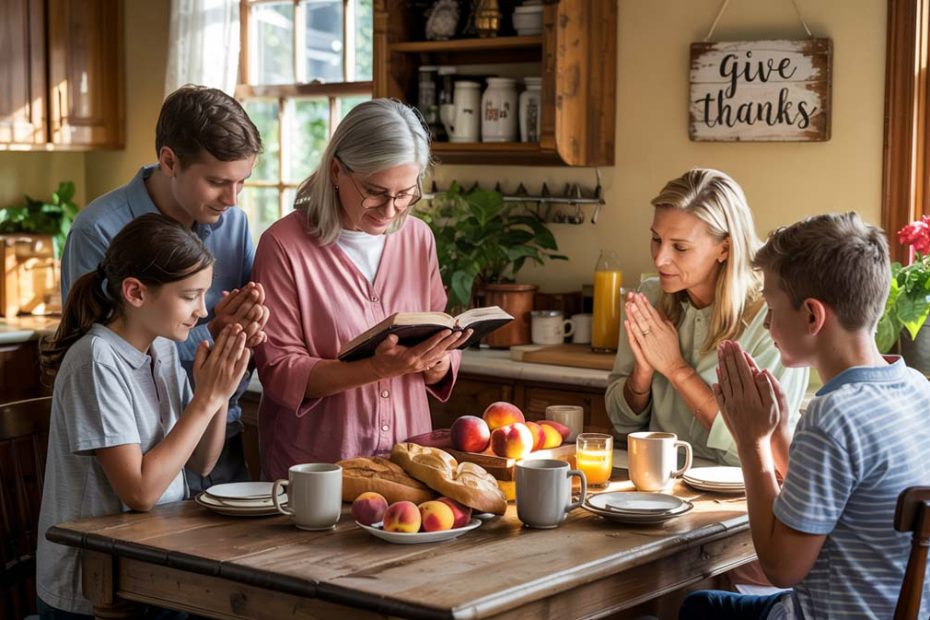 Family gathered at breakfast table reading Bible and giving thanks in morning light.