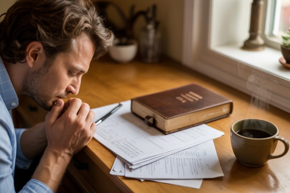 Christian entrepreneur praying over laptop and business documents with morning sunlight streaming through window, open Bible and coffee cup on wooden desk representing faith-based business breakthrough