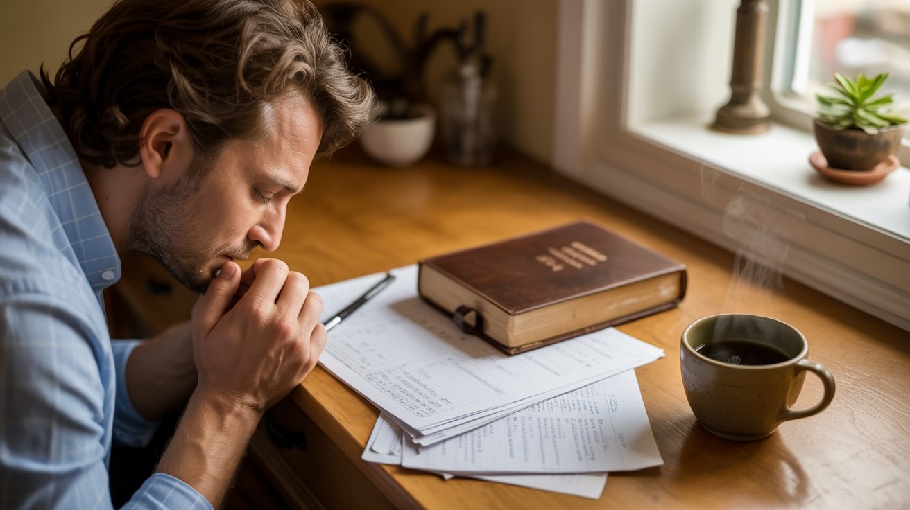 Christian entrepreneur praying over laptop and business documents with morning sunlight streaming through window, open Bible and coffee cup on wooden desk representing faith-based business breakthrough