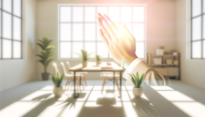alt_text: A peaceful office scene with hands in prayer, calming plants, and soft natural light.
