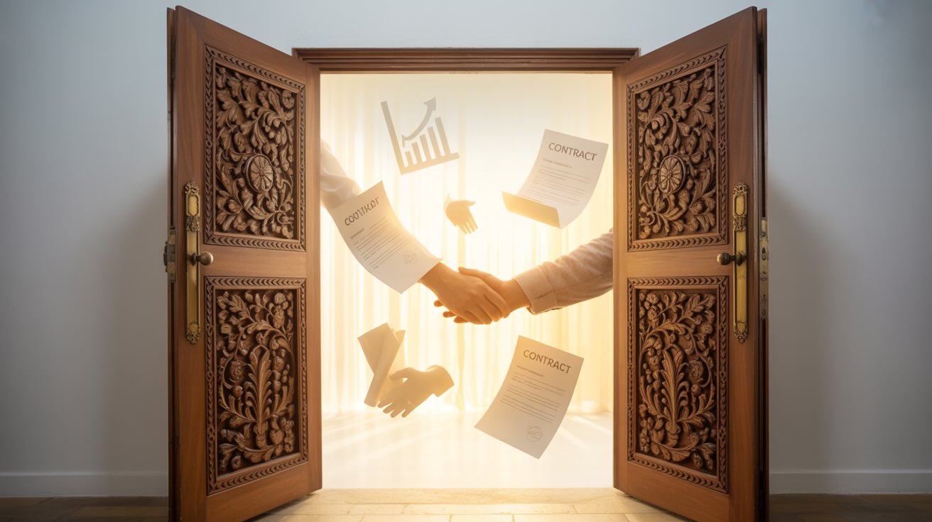 Ornate wooden doors opening wide with golden divine light streaming through, symbolizing God opening doors of business opportunity and breakthrough for Christian entrepreneurs