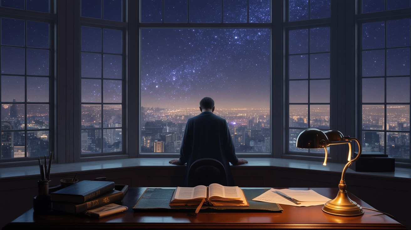 Silhouette of person praying at night overlooking city skyline with twinkling lights, representing powerful midnight prayer sessions for business breakthrough and divine guidance