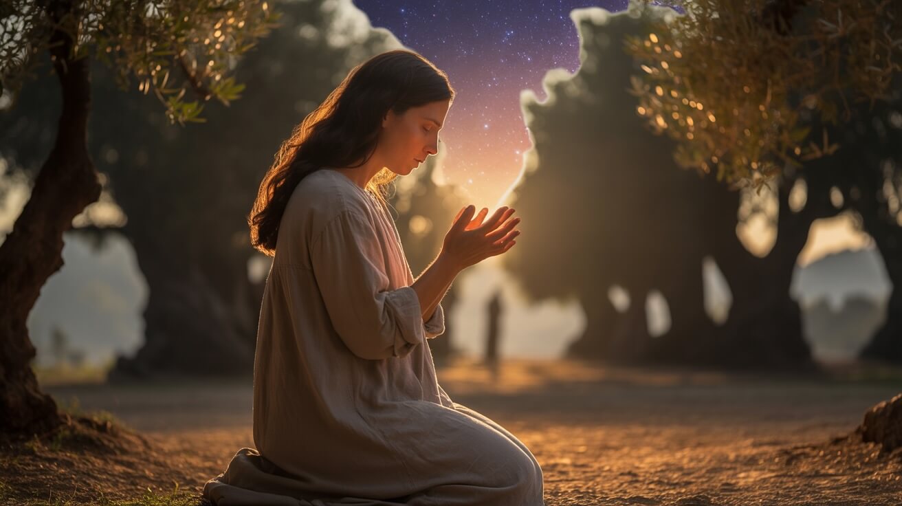 Person in prayer under golden light symbolizing God’s presence, inspired by Jesus’ overwhelming moment in the Garden of Gethsemane, finding peace through faith.