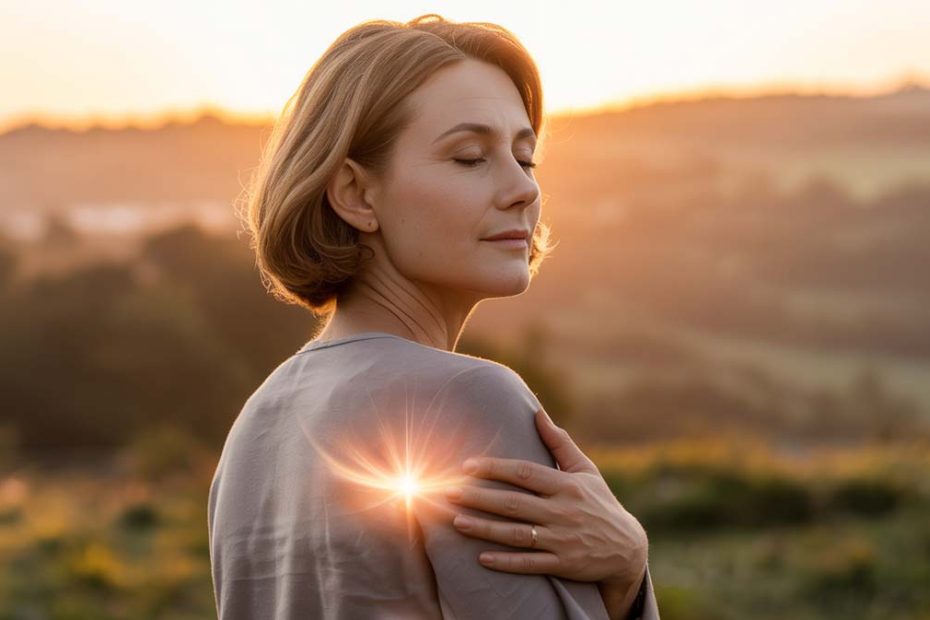 Woman praying for back pain relief with healing light on her spine representing hope and faith