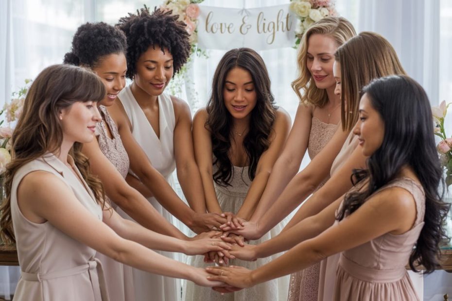 Women praying together in circle at bridal shower celebration