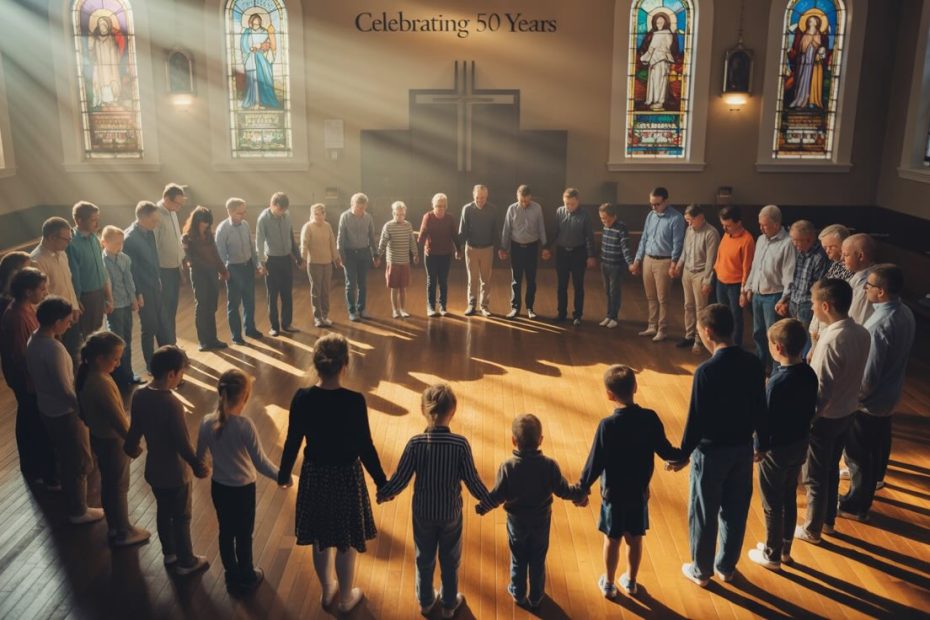 Diverse church congregation holding hands in prayer during anniversary celebration