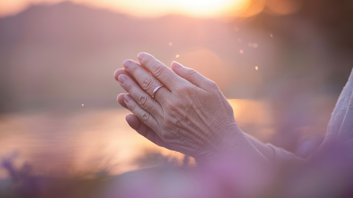 Hands clasped in prayer with warm golden sunlight representing God's presence