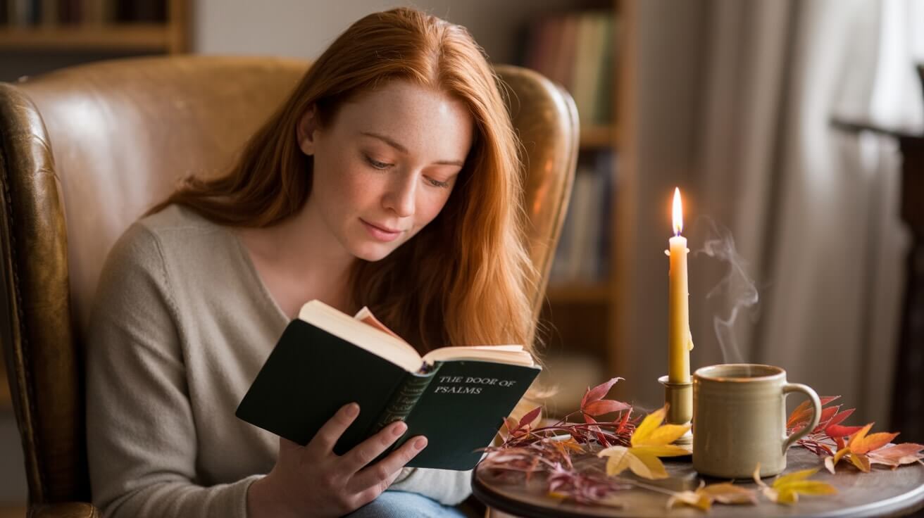 Peaceful Bible study scene with candlelight and coffee showing comfort in God's word