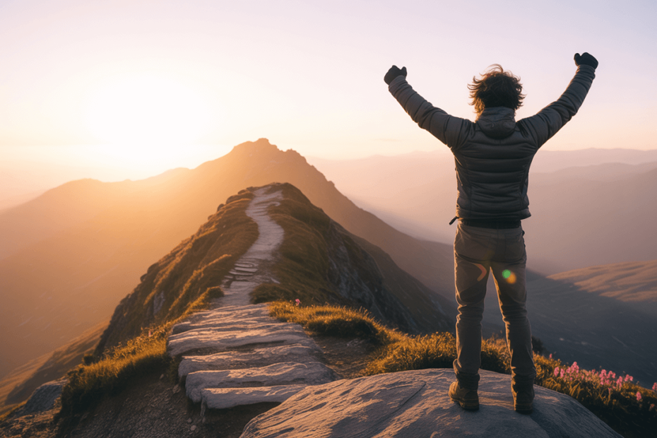 Triumphant person celebrating victory over defeat with glowing Bible verses at sunrise representing God's word bringing hope