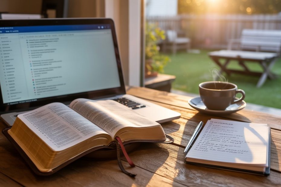 Bible verses for employment breakthrough with open scripture next to laptop showing career opportunities