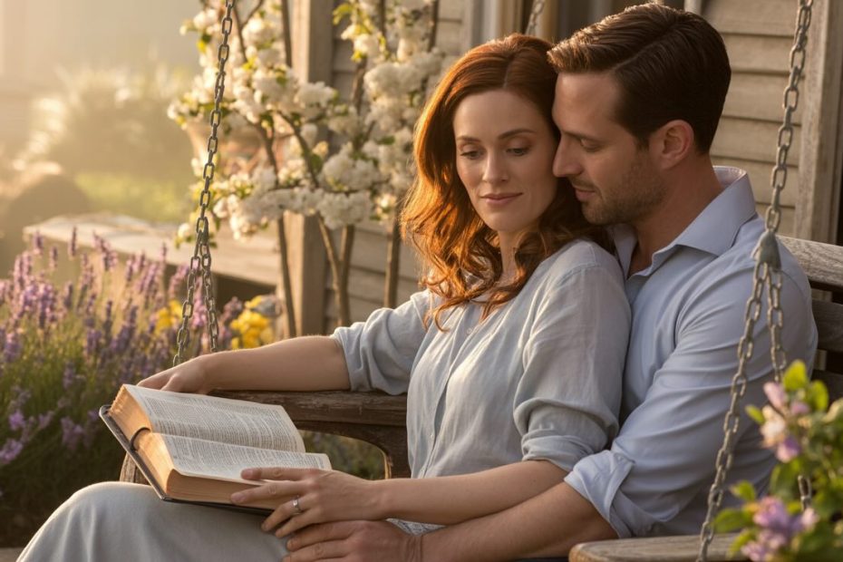 Happy restored married couple reading Bible together in golden sunlight showing hope for marriage struggles through God's Word