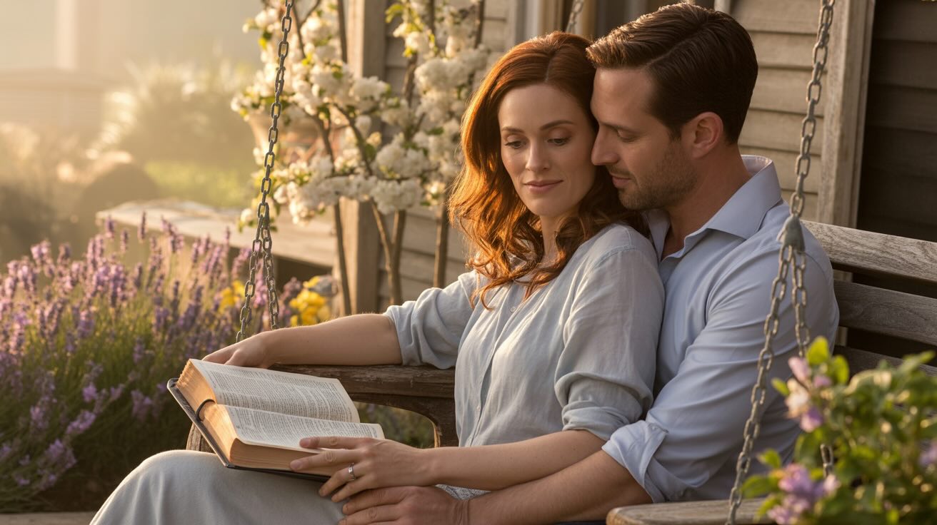 Happy restored married couple reading Bible together in golden sunlight showing hope for marriage struggles through God's Word