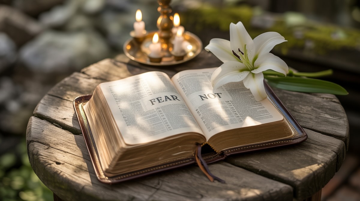 Open Bible with divine light showing verses that overcome fear and bring peace