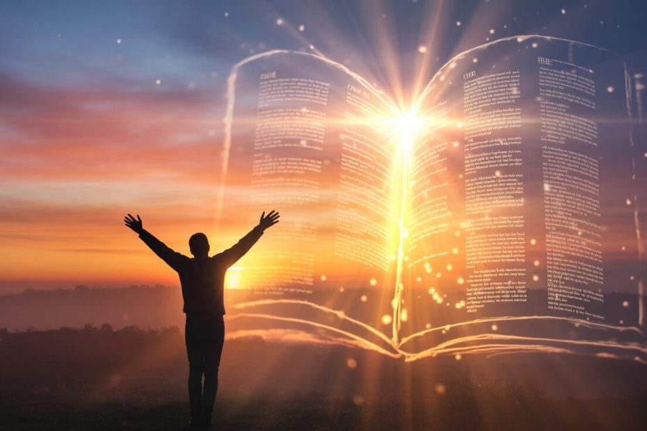 Person worshipping at sunrise with Bible verses about mindset transformation floating in golden light