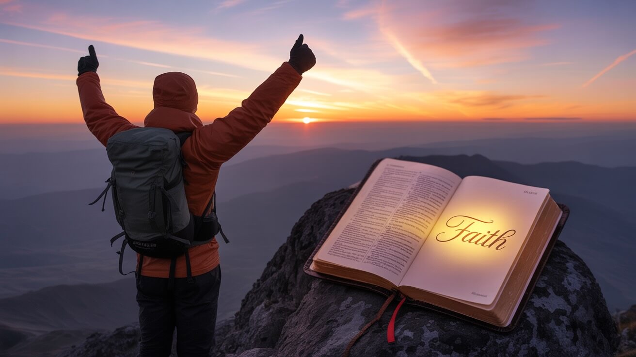 Person celebrating victory at sunrise with open Bible showing triumph over defeat