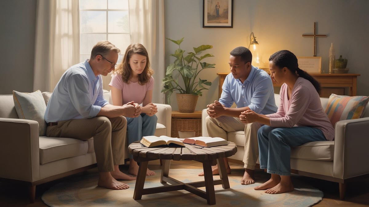 Diverse Christian small group praying together for guidance with joined hands in cozy living room setting, representing community prayer support and fellowship