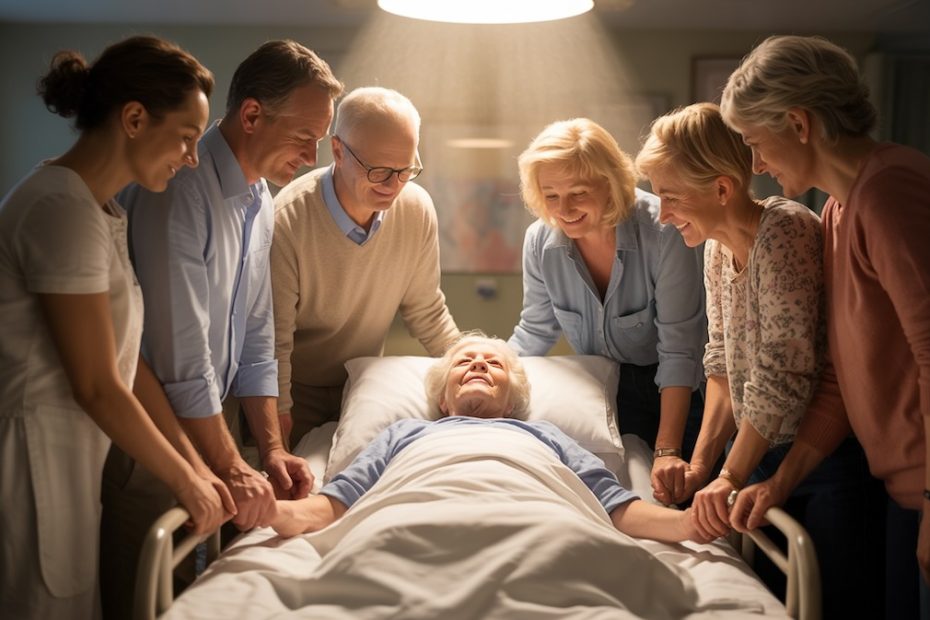 Community prayer circle supporting cancer patient with divine light representing hope and healing through faith