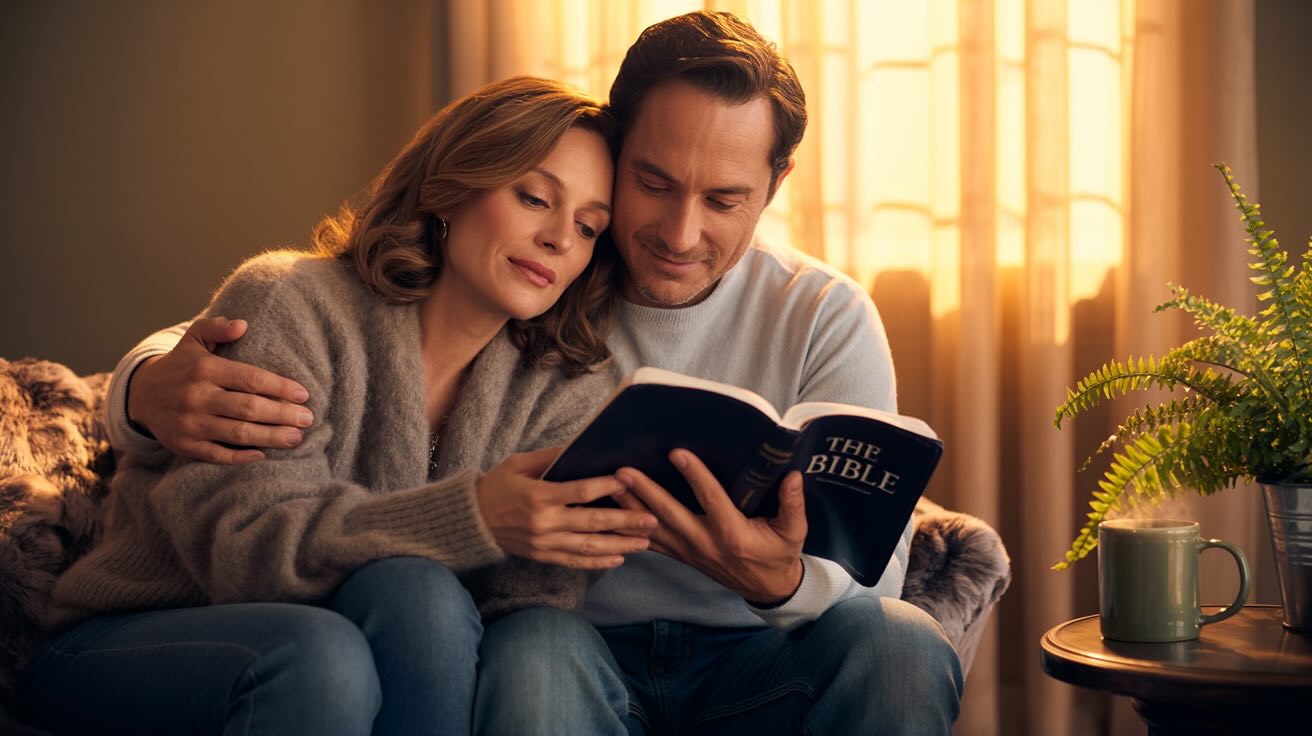 Married couple reading Bible together for marriage guidance and spiritual connection