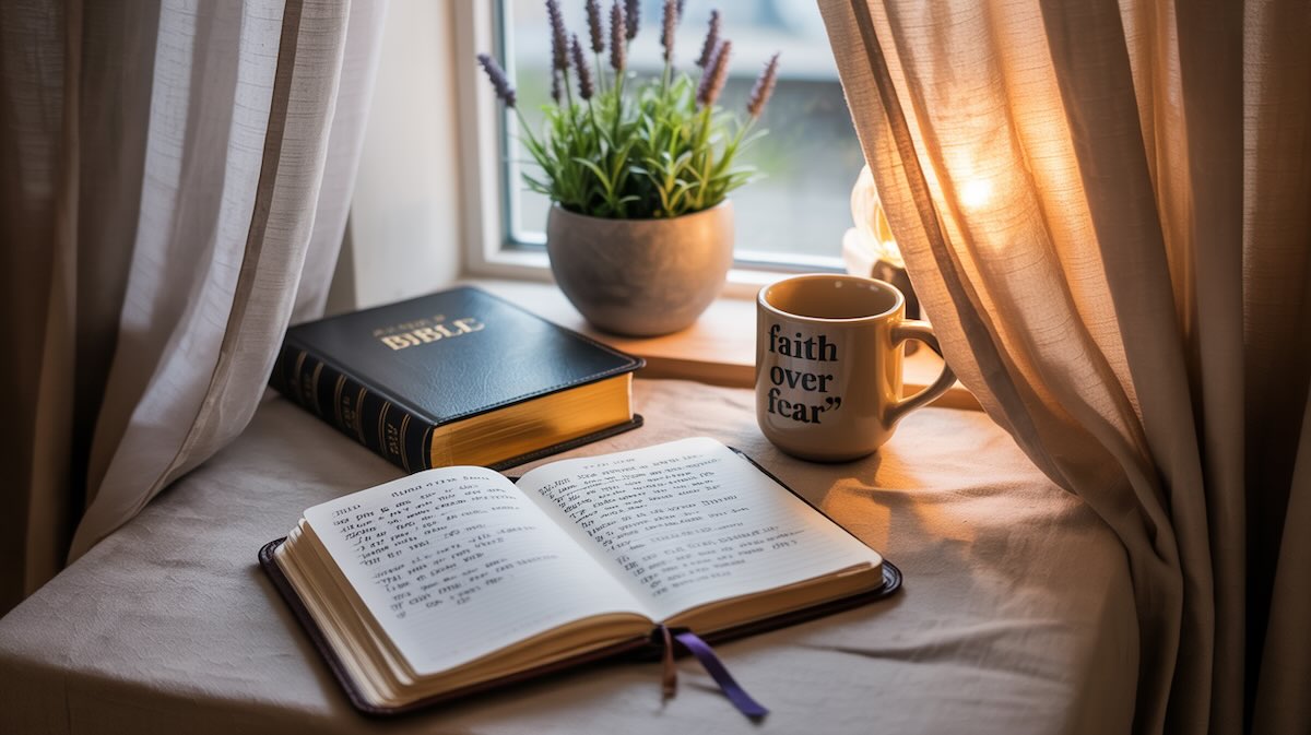 Peaceful prayer corner with Bible and journal for daily fear-fighting prayers