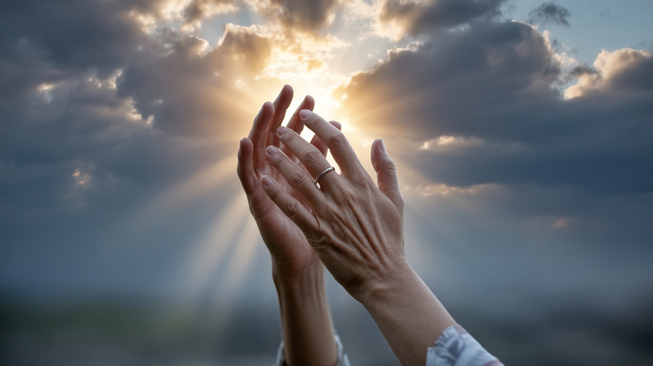 Hands lifted in prayer receiving God's strength and light from heaven above