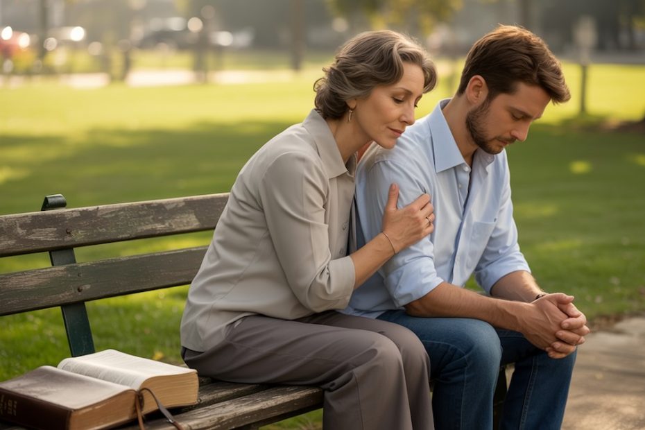 Two people sharing an intimate prayer moment showing Christian fellowship and spiritual support through caring prayer
