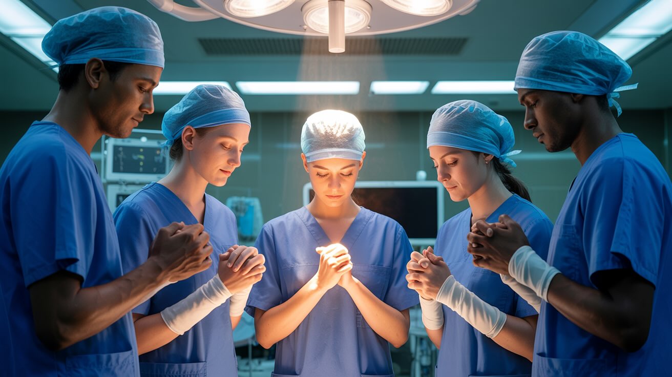 Medical team in prayer receiving divine wisdom before treating patient