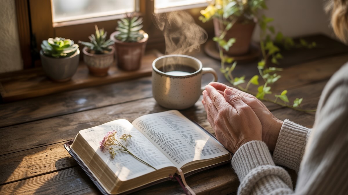 Morning prayer for positive thinking with Bible and peaceful atmosphere