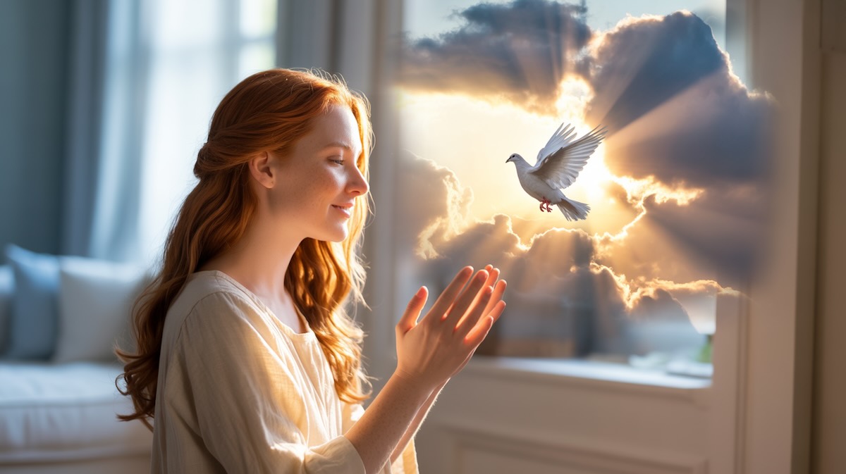 Person praying peacefully in bright sunlit room overcoming fear through prayer