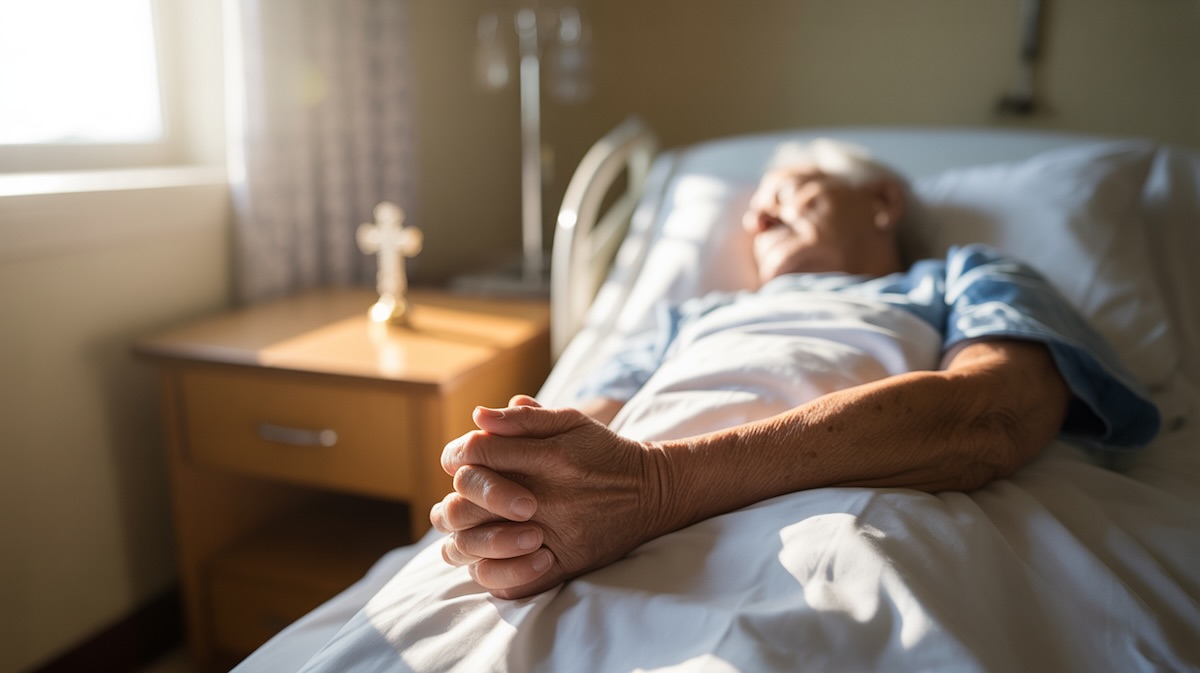 Hands clasped in prayer beside hospital bed of cancer patient in peaceful room