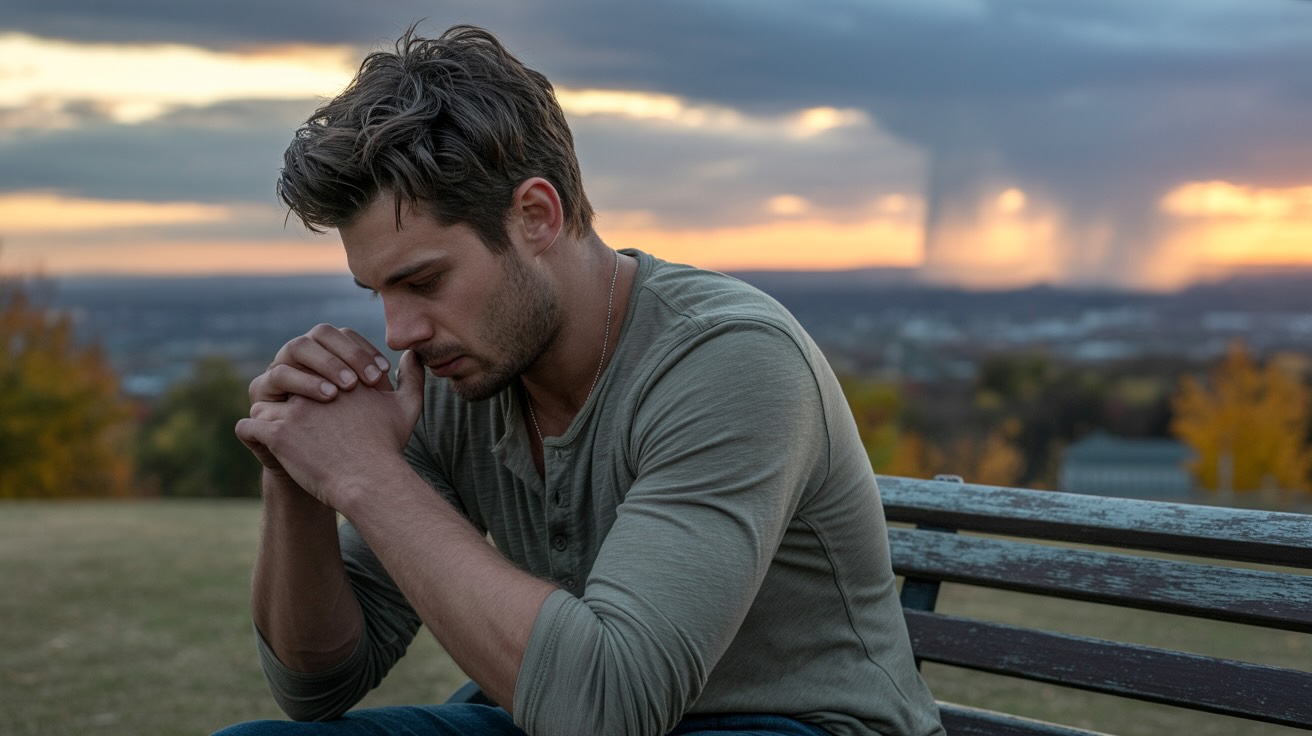 Person finding hope in prayer during difficult times with sunlight breaking through storm clouds