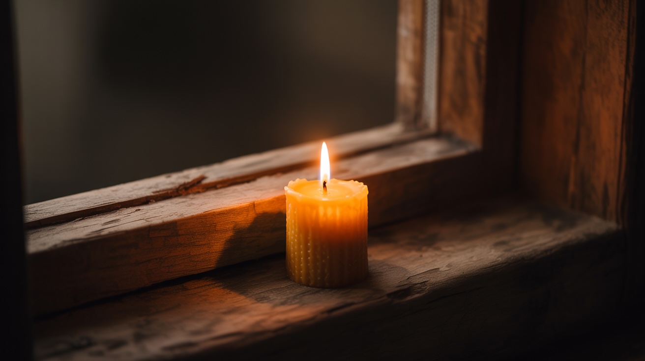 Single candle flame representing hope and prayer in dark times