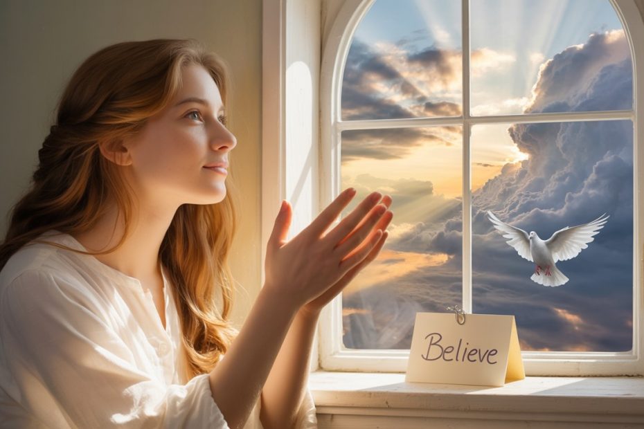 Person praying peacefully overcoming fear through faith with holy spirit presence and divine light representing prayer for fear relief