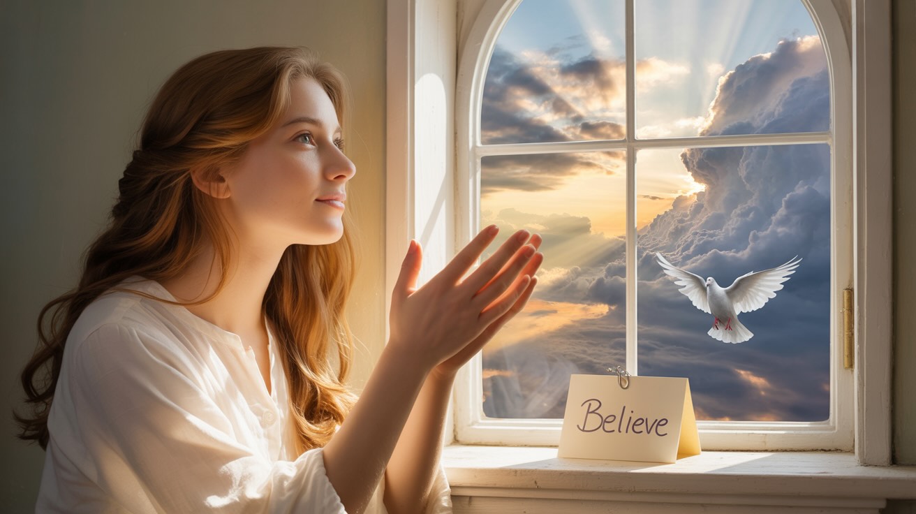 Person praying peacefully overcoming fear through faith with holy spirit presence and divine light representing prayer for fear relief