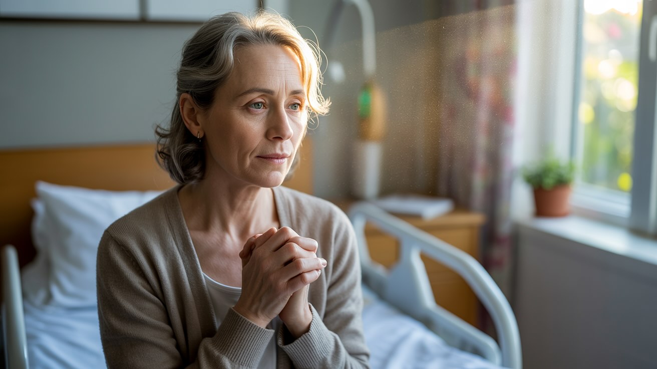 Person praying for sick friend at hospital bedside with peaceful lighting