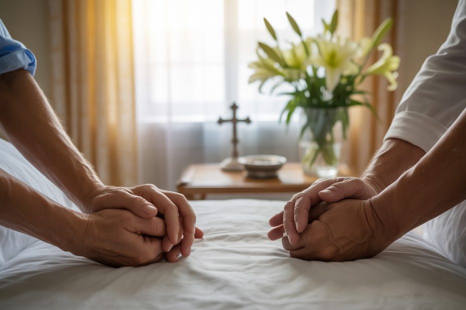 Diverse group of hands joined in prayer circle around hospital bed with warm golden light representing prayer for sick friend