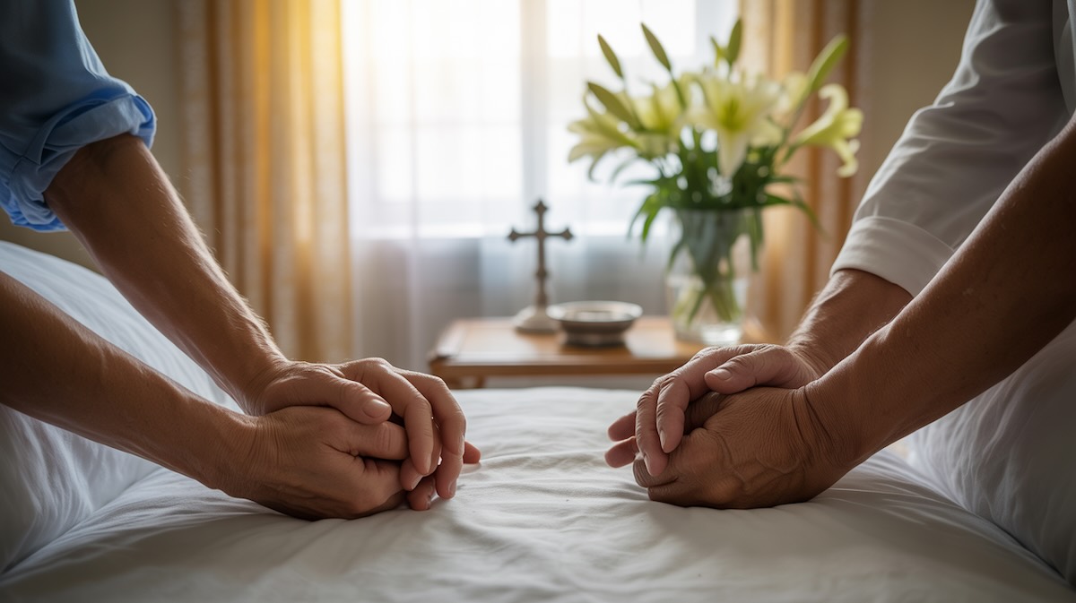 Diverse group of hands joined in prayer circle around hospital bed with warm golden light representing prayer for sick friend