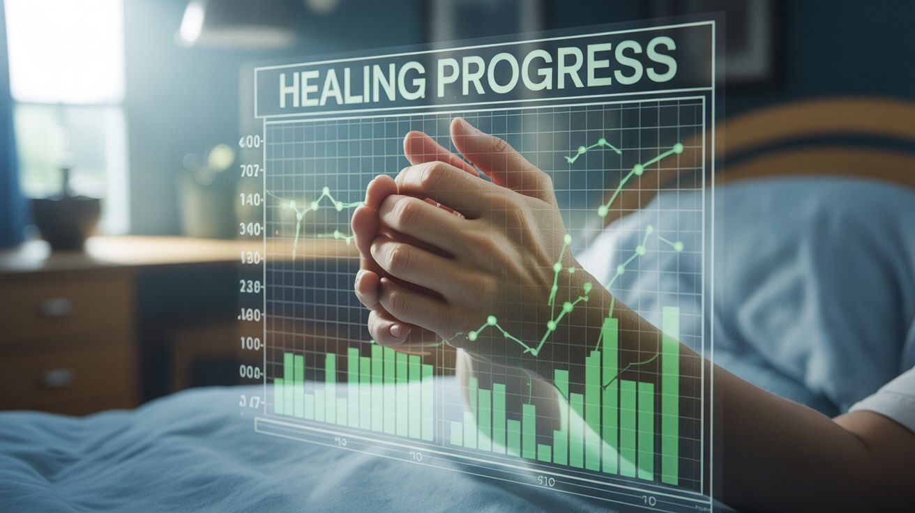 Medical progress chart with praying hands overlay showing prayer and healing connection
