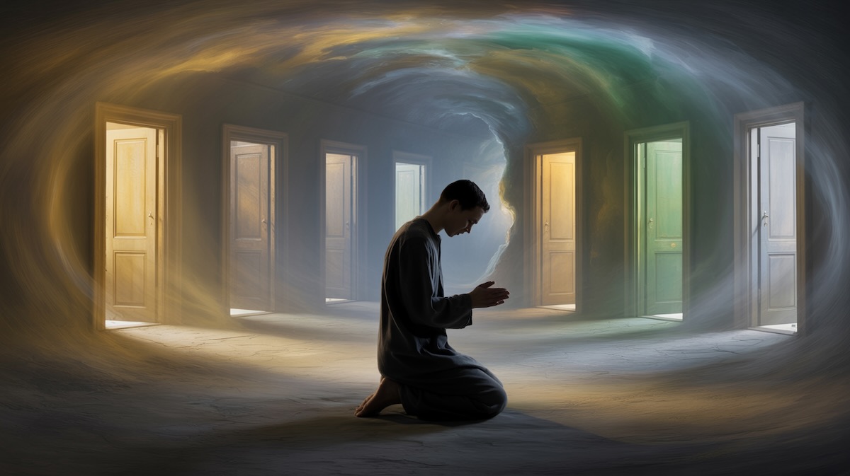 Person seeking prayer for guidance facing multiple life paths and decisions