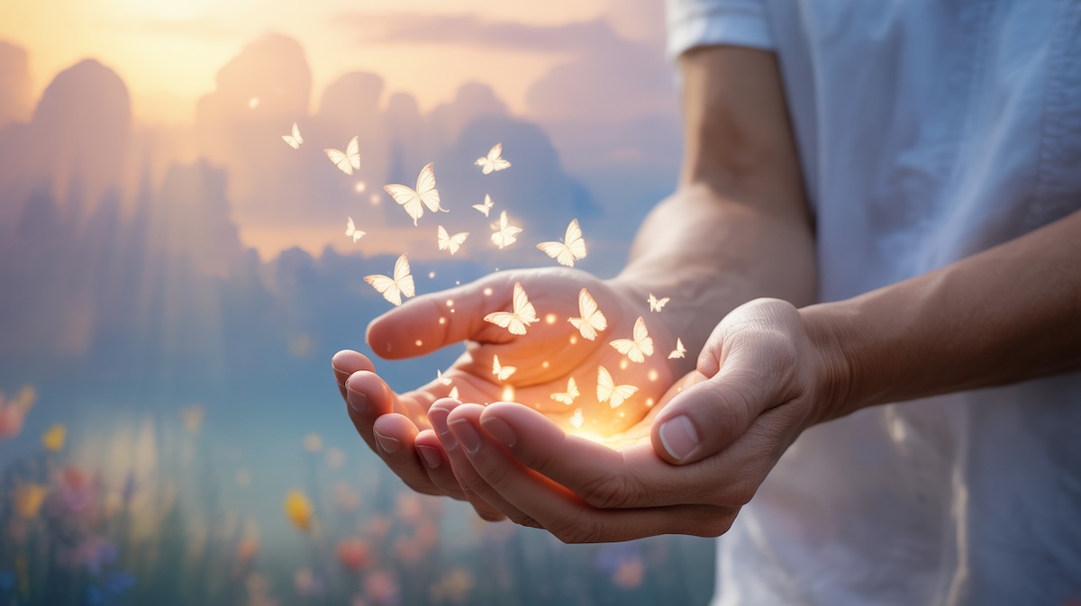 Hands releasing fear and embracing God's peace through prayer