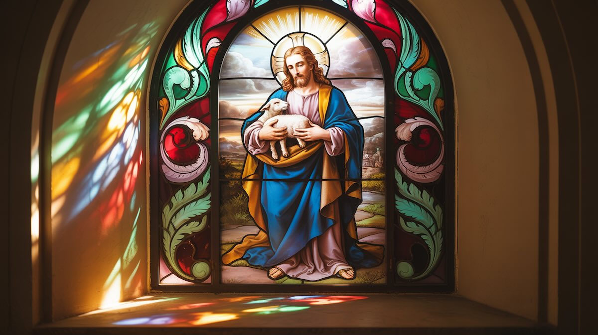 Stained glass window of Jesus the Good Shepherd in hospital chapel for cancer patients