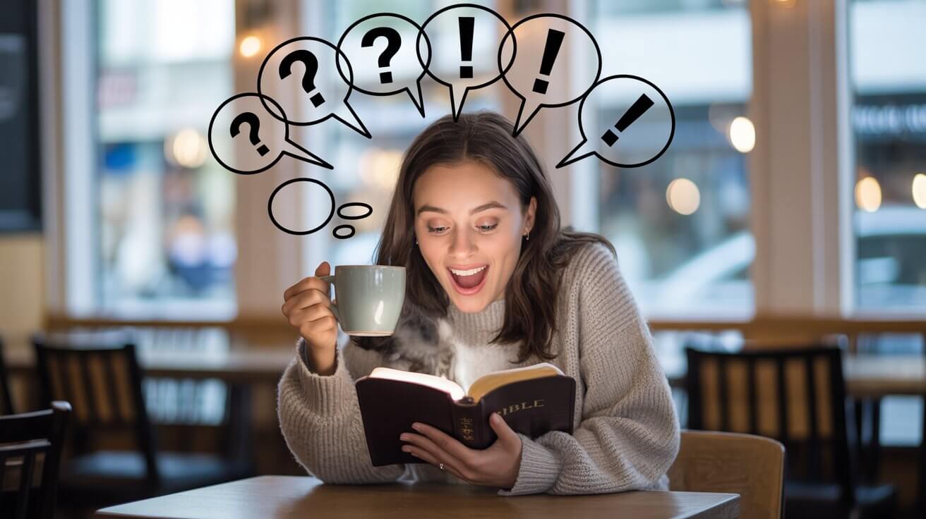 Young adult discovering life purpose through Bible scriptures in coffee shop
