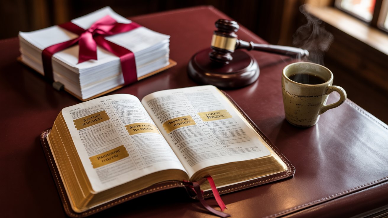 Bible study for court case prayer preparation with legal documents and gavel