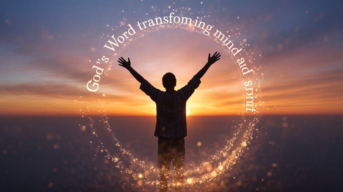 Person worshipping at sunrise with Bible verses about mindset transformation floating in golden light