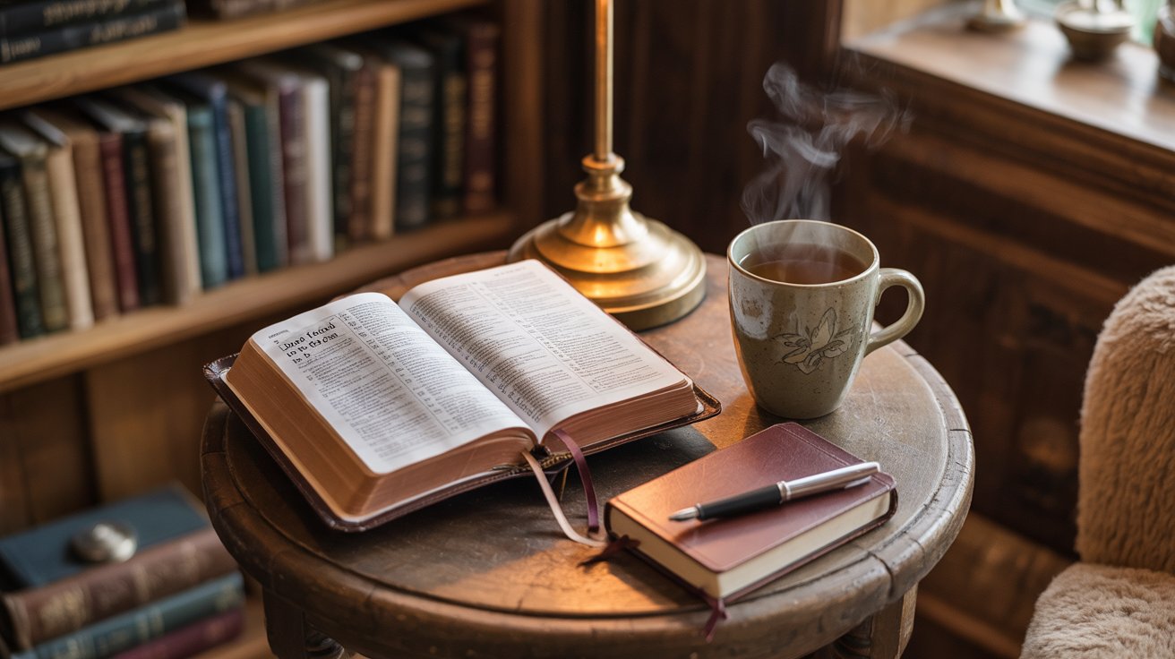 Peaceful Bible study setting with open scriptures, coffee, and journal for daily devotion