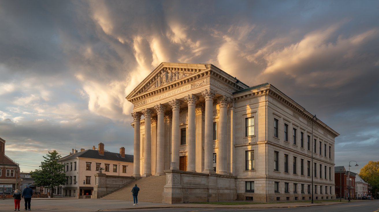 Divine intervention symbolized by sunlight breaking through clouds over courthouse