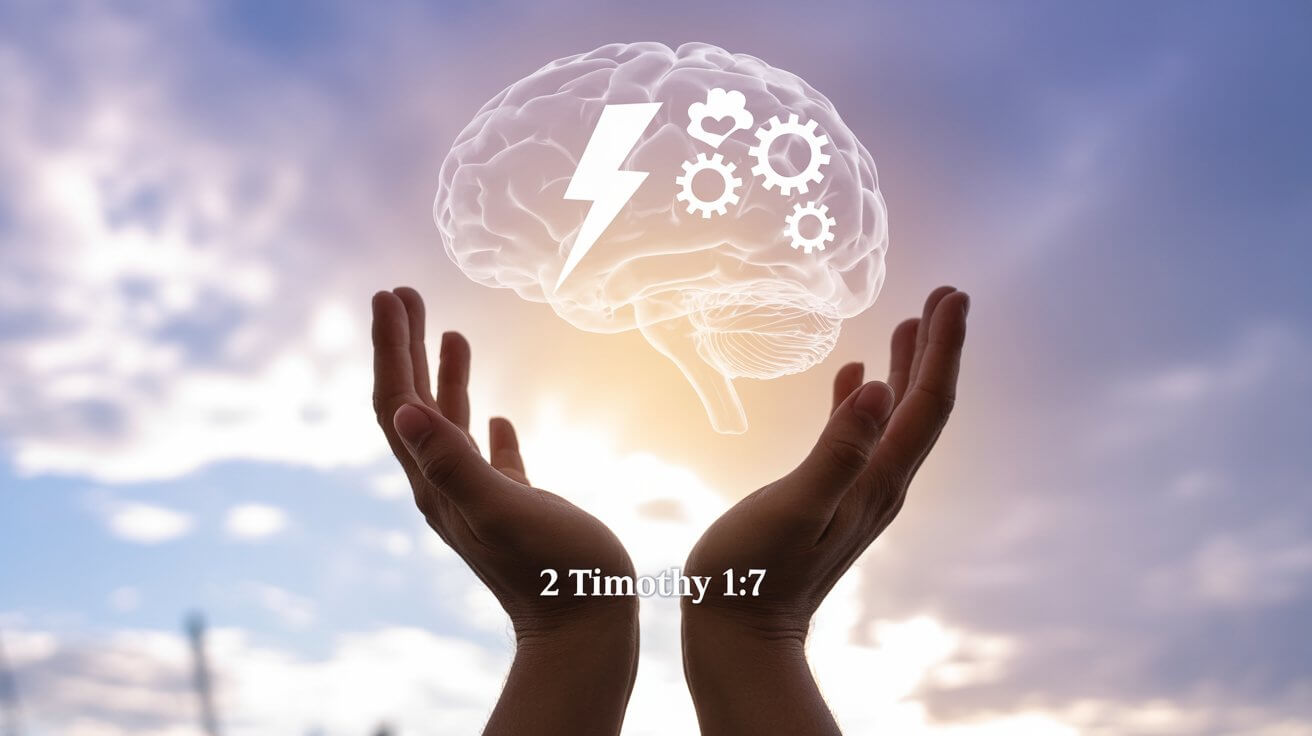 Hands reaching toward heaven with illuminated brain showing God's gifts of power, love, and sound mind