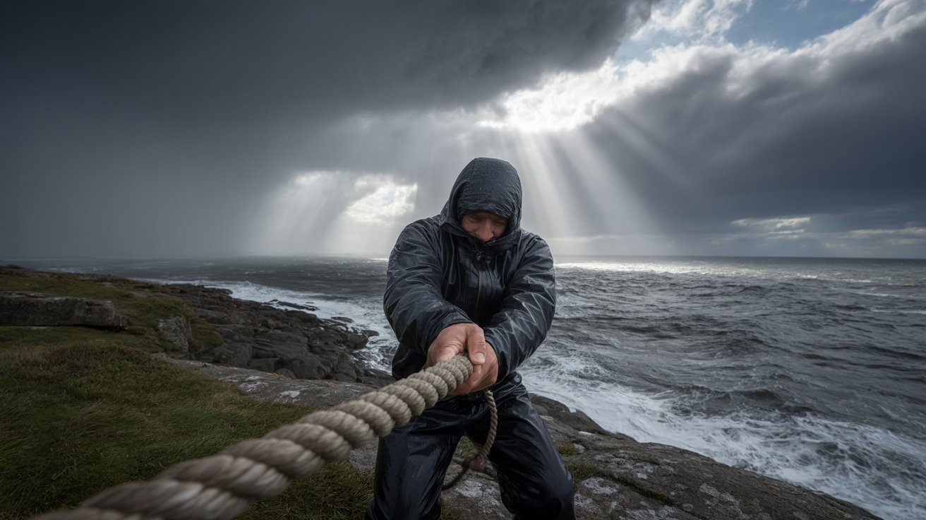 Person holding fast to rope in storm showing unwavering commitment to faith